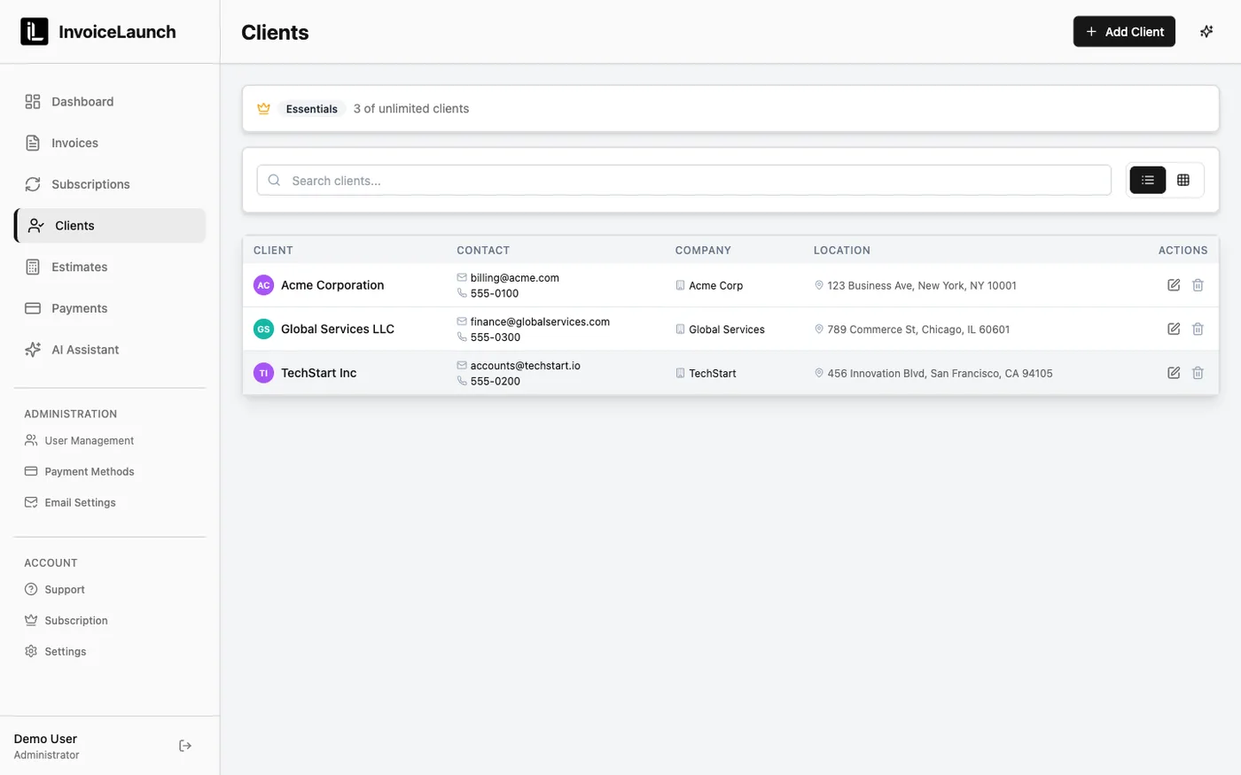 The InvoiceLaunch Clients page listing clients with their email, phone, company, and address, plus an Add Client button