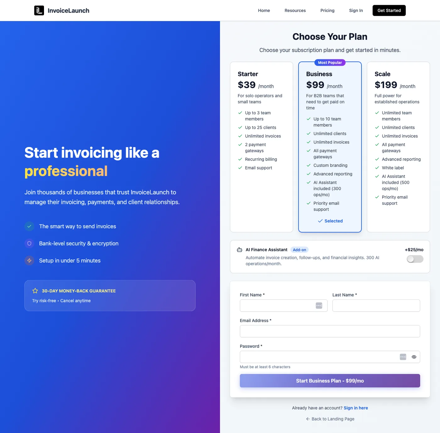 InvoiceLaunch sign-up page showing the plan selection and the account details form