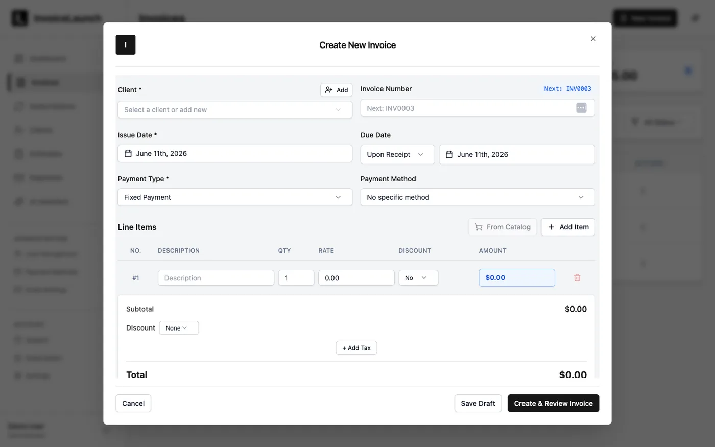 The Create New Invoice form in InvoiceLaunch with fields for client, invoice number, dates, payment type, and line items