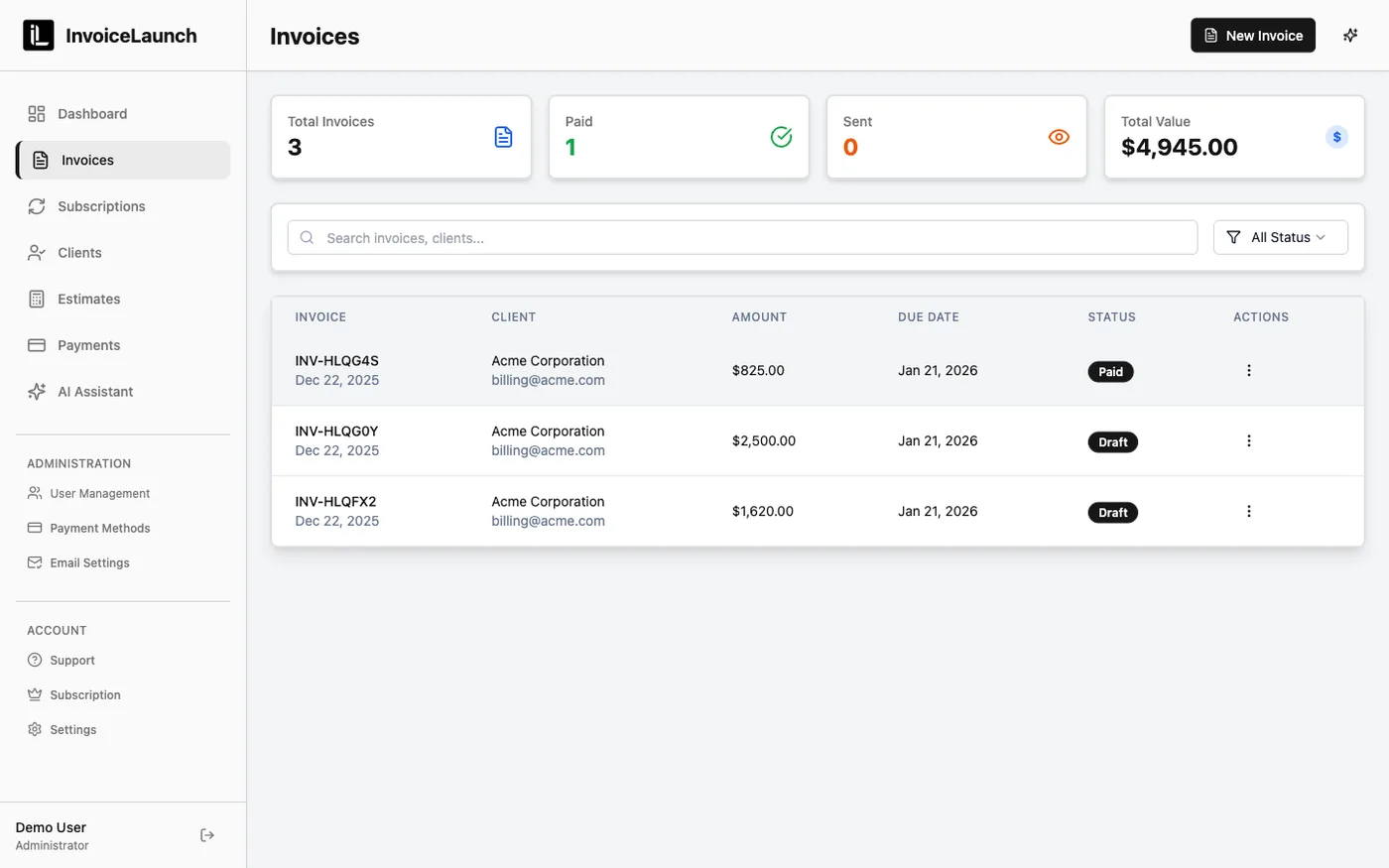 The InvoiceLaunch invoices list showing invoices with Paid and Draft status badges and summary totals