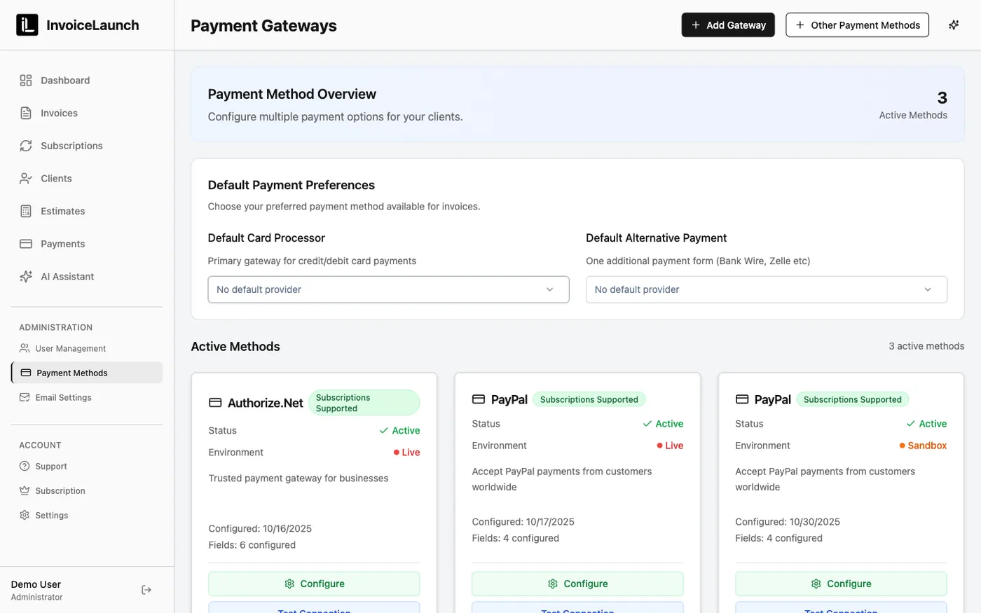The InvoiceLaunch Payment Gateways screen showing configured Authorize.Net and PayPal methods with Configure and Test Connection buttons